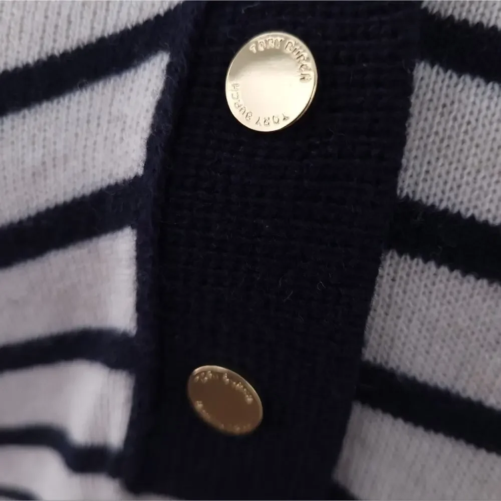 Tory Burch Striped Sweater Small Navy, Cream Wool Cashmere Model Blend, Vneck